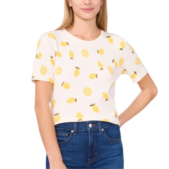 CeCe Sweaters - CECE Lemon Print Short Sleeve Sweater